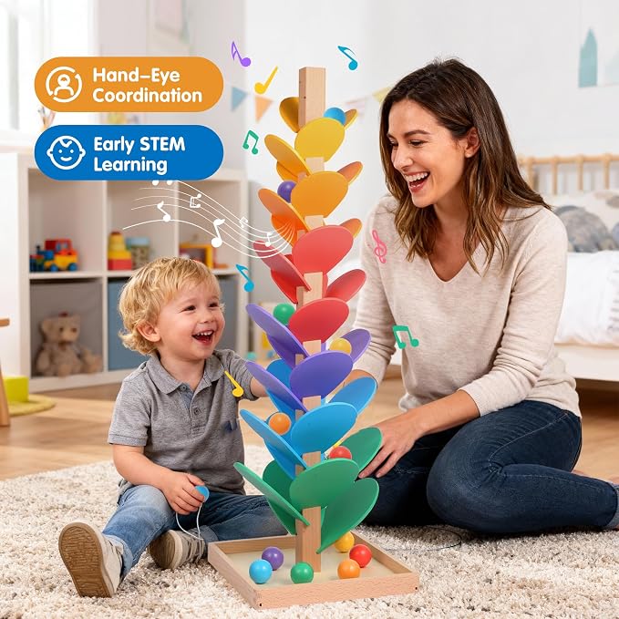 Gotoofun Wooden Marble Run Music Tree Includes Extra-Large 3cm Marbles Ball | Tumble Leaf Montessori Rainbow Singing Tree with Sound, Color Sorting STEM Learning Toy, Gift for Kids