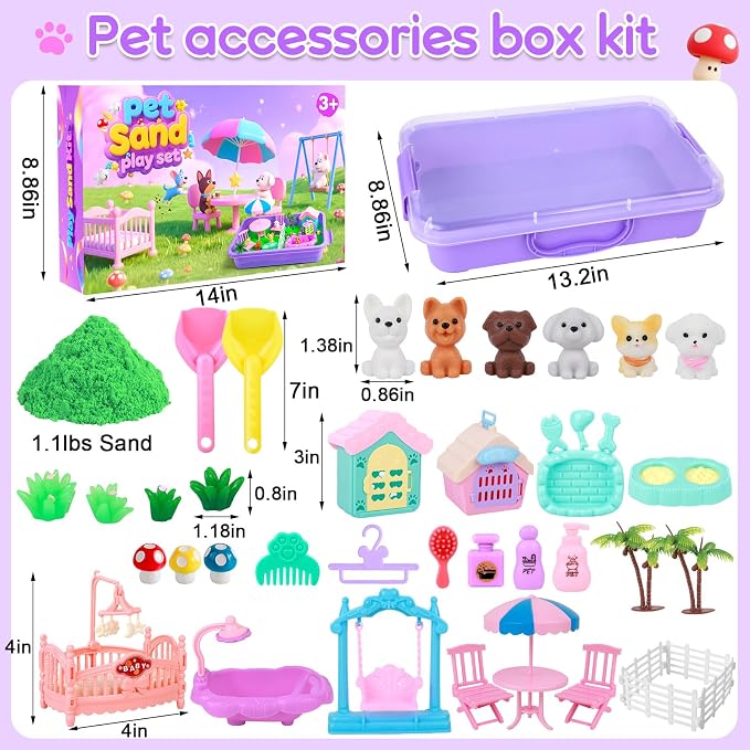 Mikiwon Pet Sensory Bin, Dog Sandbox Play Sand Art Kit with 1.1lbs Sand, Pet Care Sand Set, Sensory Play for Girls Boys Age 3+, Role Pretend Play Beach Toy for Kids Xmas Birthday Gifts