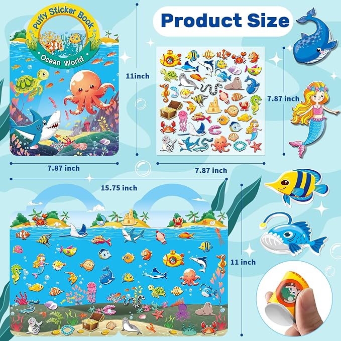 Elfew 6Pack Reusable Sticker Books for Toddlers 2-4 3-5 | 3D Puffy Stickers, 6 Themes, Waterproof, Mess-Free Sticker Activity Book, Travel Toys Birthday Gifts for Boys Girls