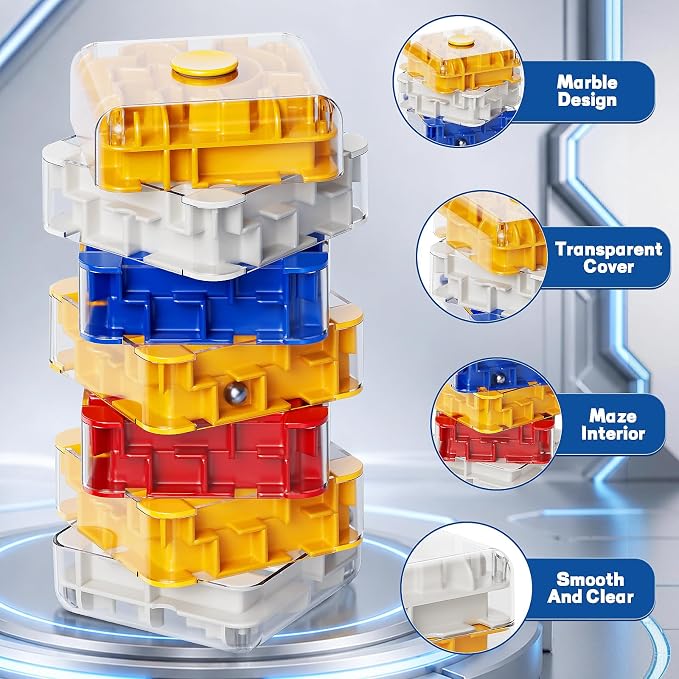 3D Maze Cube Ball Puzzle Brain Teaser for Adults & Kids, Educational Learning Toys Logical Thinking, Family Board Games Tabletop, Durable Puzzle Cube (White&Blue&Red&Yelllow, 2.4x2.4x5.6)
