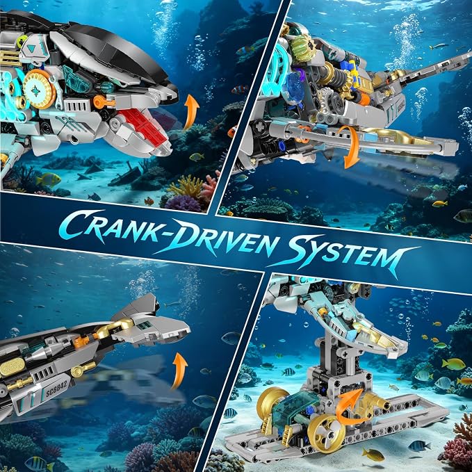 INSOON Mechanical Orca Building Set STEM Toy with LED Light for Boys 12+ | Interactive Whale Building Block with Crank Mechanism, Ocean Animal Model Christmas Birthday Gift for Teens Adults(1005 PCS)