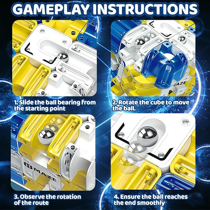 3D Rolling Ball Maze Cube, Marble Labyrinth Cube, 3D Labyrinth Puzzle Cube, Spatial Awareness Brain Training Educational Focus Game Gift for Adults Teens Kids (Yellow & Blue)