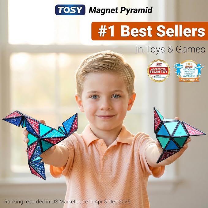 TOSY Magnet Pyramid Stone - 1 Cube Transforms into 1 Billion Shapes (Bunny, Egg Basket, Flowers, Heart…), 243 Rare Earth Magnets, Holographic Design, Puzzle/STEAM Toy, Easter Birthday Gift, 2-Pack