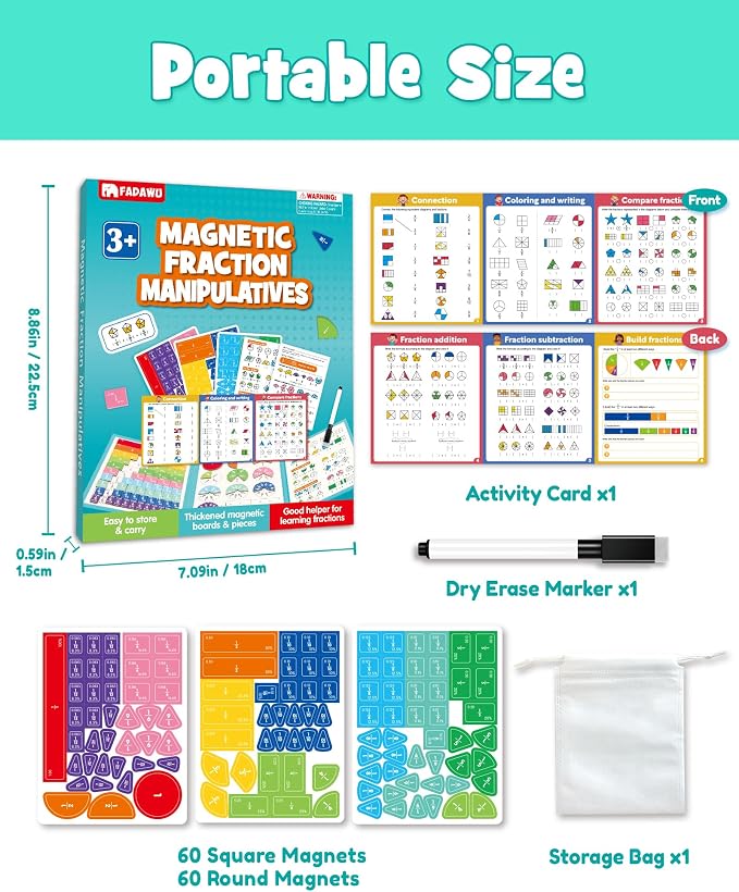 Magnetic Fraction Book with Tiles Circles Manipulatives Toy for Kid | Montessori Math Learning Kit for Kids Grades K-3, Fraction Playbook Educational Puzzle Board, Back to School Supplies Gift