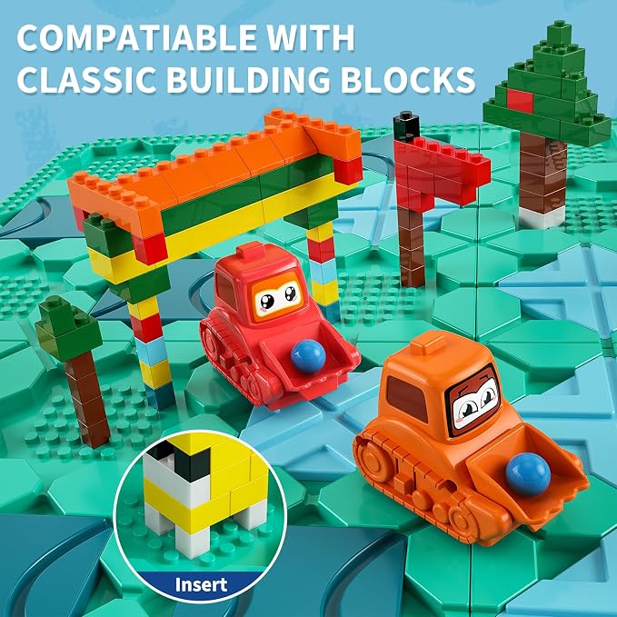 burgkidz STEM Road Build Puzzle: Teal Board, 200+ Chal. w/ 2 Cars | Teal creative board: 14 tracks, 2 start/end, 2 windup cars. 200+ puzzles, 4 levels, 3 modes. Dots fit bricks. Storage bag