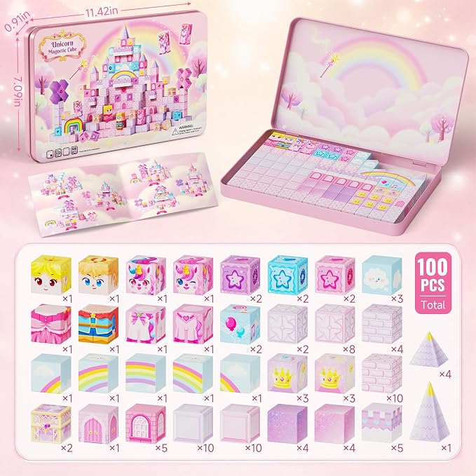 burgkidz Girls Travel Magnetic Blocks: 100pcs Unicorn Toys with Cones Wands | N32 Magnets Hold 15+ on Bumpy Roads, 60-Second Cleanup, 2-Kid Group Play, Essential for Car & Airplane, Ages 3-8