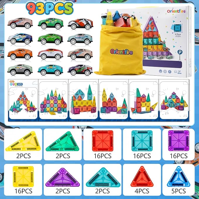 93 PCS Magnetic Tiles Mini Magnetic Building Tiles with Cars, Travel Magnetic Tiles with Storage Bag,STEM Toys for School Acitivities, Ideal Christmas Birthday Gifts for Boys Girls Age 3+ Years Old