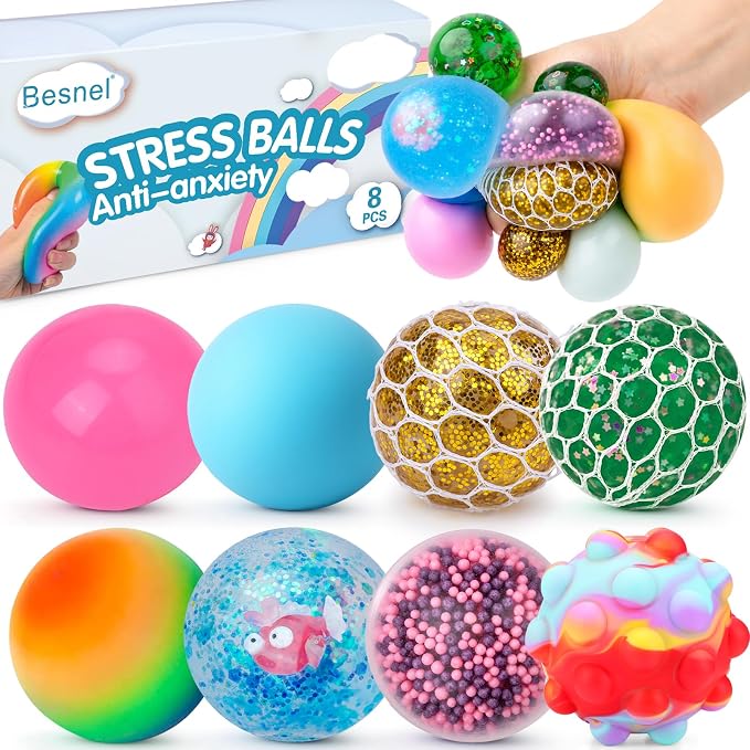 Stress Balls 8 Pack for Adults and Kids, Squeeze Squishy Fidget Toys | Sensory Toys for kids with Autism, Squishy Fidget Toys for Stress and Anxiety Relief, Prize for Classroom