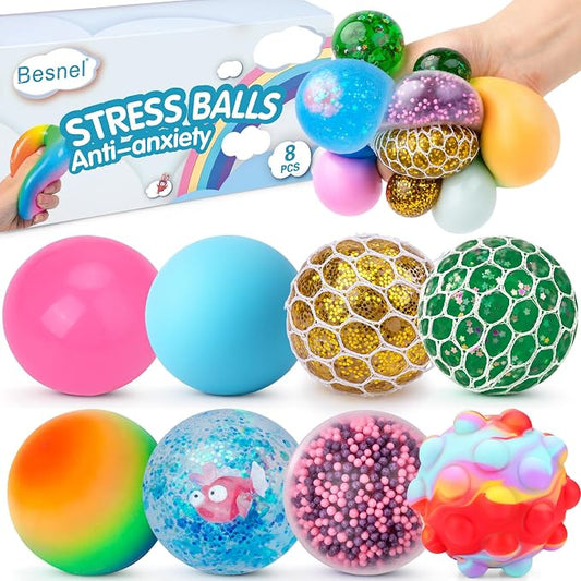 Stress Balls 8 Pack for Adults and Kids, Squeeze Squishy Fidget Toys | Sensory Toys for kids with Autism, Squishy Fidget Toys for Stress and Anxiety Relief, Prize for Classroom