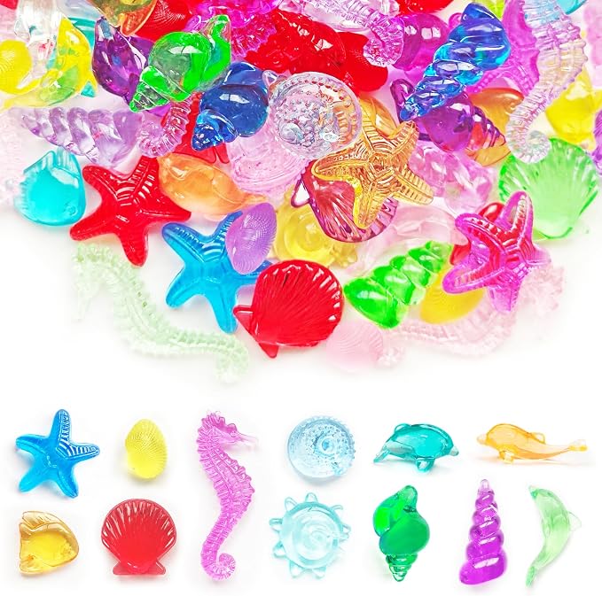 100+ Pcs Mini Sea Shell Ocean Sensory Bin Filler Diving Gem Toys for Kids | Little Acrylic Plastic Seashells Animals Figurines Decorating Crafts, Mermaid Pool Party Favors, 15 Colors 12 Styles