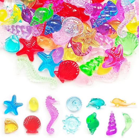 100+ Pcs Mini Sea Shell Ocean Sensory Bin Filler Diving Gem Toys for Kids | Little Acrylic Plastic Seashells Animals Figurines Decorating Crafts, Mermaid Pool Party Favors, 15 Colors 12 Styles