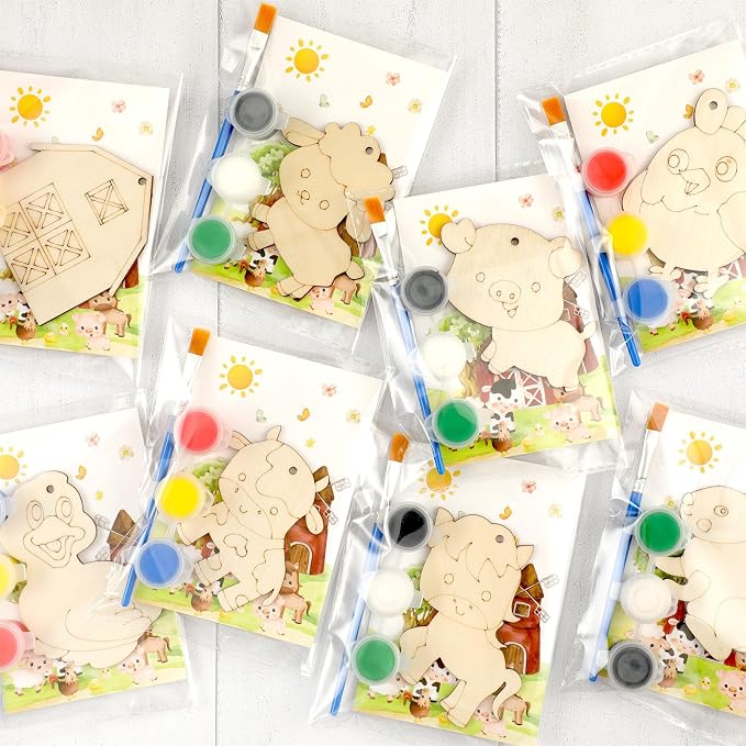 24 Pcs Farm Animals Party Favors Wooden Paint Craft Kits | Farm Theme Birthday DIY Activity, Animal Shapes with Barn,Organza Bags for Goodie Bag Fillers