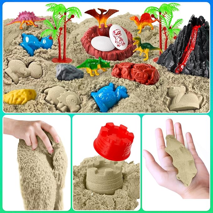 Sensory Bin Dinosaurs Kit with Sensory Sand | Play Sand, Pretend Play Beach Toy, Sandbox for Girls and Boys