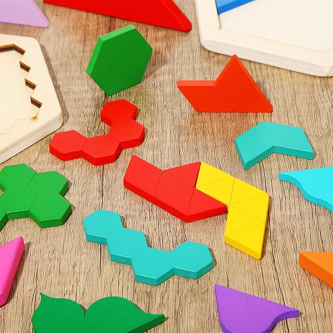 Jerify 5 Pack Wooden Tangram Puzzle for Kids, Brain Teaser Puzzles | Wooden Hexagon Puzzle Block Teaser, Pattern Blocks, Tangram Puzzle, Geometric Shapes Tangram Games, Boys Girls Toddler 1-3