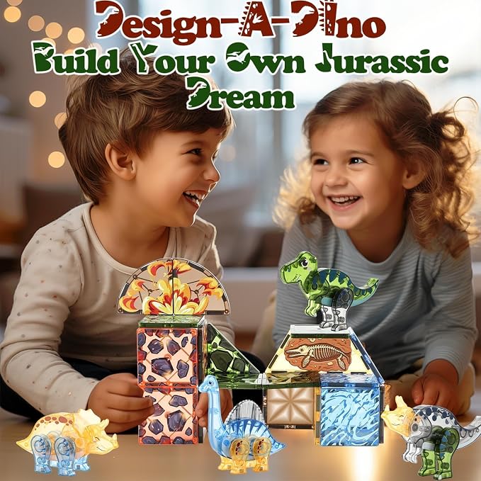 Magnetic Tiles Dinosaur Toys for Kids 3-7 Magnet Building Blocks Toddler Dino Toys - Educational STEM Toys 3 Year Old Boy Gift Learning Resources for Kids Ages 3 4 5 6 7 8 Gifts for 4 Year Old Boys