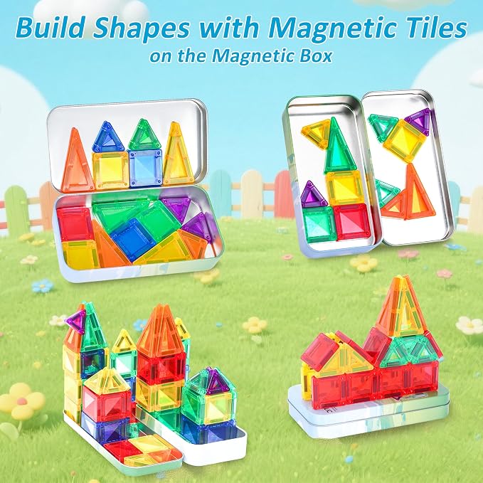 BENOKER Mini Magnetic Tiles Travel STEM Toy with Iron Box for Boys & Girls | Creative magnetic building tiles, open-ended educational STEM toy, great birthday gift for toddler boys and girls