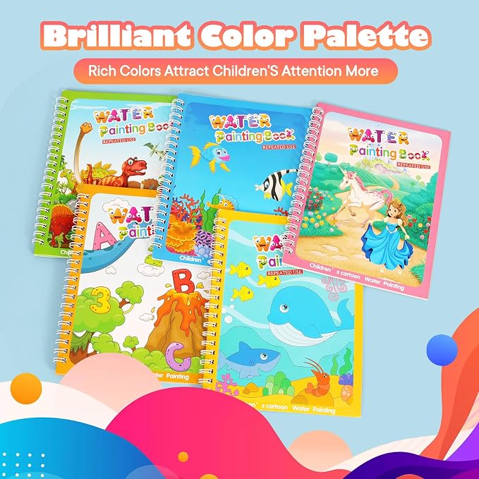 5 Pack Reusable Water Coloring Book for Toddlers, Water Doodle Book Toys, Paint with Water Books,Mess-Free Coloring Book, Portable Educational Doodle Drawing Toy,Educational Learning Kits Gifts
