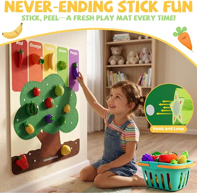 ALASOU Play Food Set with Hanging Felt Tree Mat & Storage Basket | Cutting Fruits Pretend Play Toys for Kids Kitchen, Montessori Color Sorting Playset,Gifts for Toddlers 3 4 5 6 Boys Girls