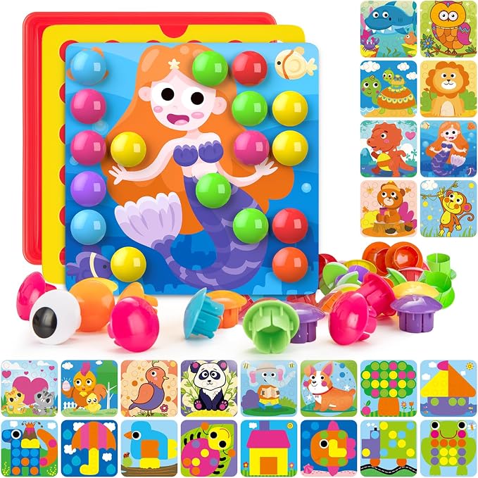 Geekper 96 PCS Button Art Toys for Toddlers, Color Matching Mosaic Pegboard | Early Learning Educational Toys for 3, 4, 5, 6 Year Old Kids Boys and Girls Gifts, Including 24 Pictures and 72 Buttons