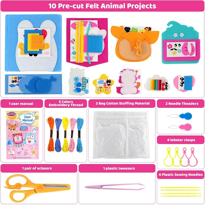 Felt Sewing Crafts for Kids Ages 4-12, 10 DIY Projects Kids Sewing Kit | Funtopia Learn to Sew with Tutorial for Plush Pillow Hanging Organizer Handbag, Beginner Sew Toys and Birthday Gift for Girls