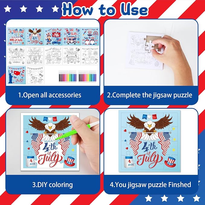 Fennoral 24 Pack 4th of July Patriotic Puzzle Craft Kit for Kids | Color Your Own jigsaw puzzle with base, 4.7‑inch, DIY Independence Day art, classroom activity, party favor supplies