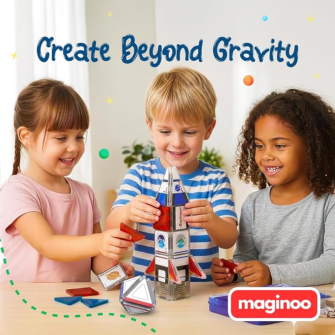 42 Pcs Mini Magnetic Tiles Space Rocket Toys, STEM Building Blocks | STEM construction set with iron travel storage box. Fun birthday gift for kids, boys and girls, ages 3-8.