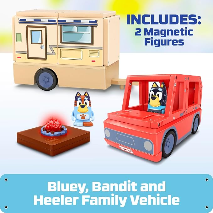 Tile Town Bluey Heeler Camper Magnetic Tile Set, 13 Pieces | Includes Bluey & Bingo figures, action tile; STEM building toy for kids ages 3+