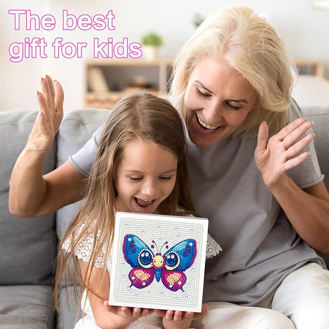 Reofrey Diamond Art Kits for Kids with Frame, 5D DIY Butterflies Diamond Painting Kits, Arts Crafts Gift for Girls & Boys Ages 4,5,6,7,8,9,10,11,12, Creative Educational Toy for Beginners (7x7 Inch)