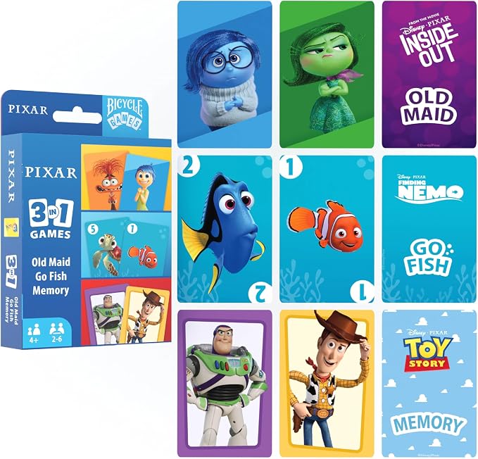 Bicycle Disney Pixar 3-in-1 Card Games Old Maid Go Fish Memory Kids Ages 4 | 3 games in 1 set Old Maid Go Fish and Memory, Toy Story Finding Nemo and Inside Out characters, Ages 4 and up