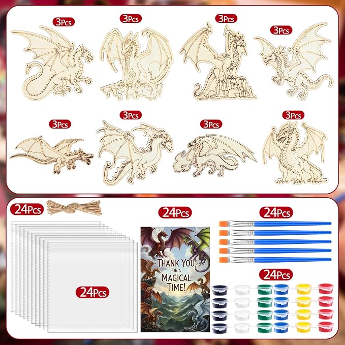 Saypacck 24 Pcs Party Favors Wooden Painting Craft Kits Birthday Party Supplies with Organza Bag for Goodie Bags Fillers Adult Thank You Gifts(Dragon)