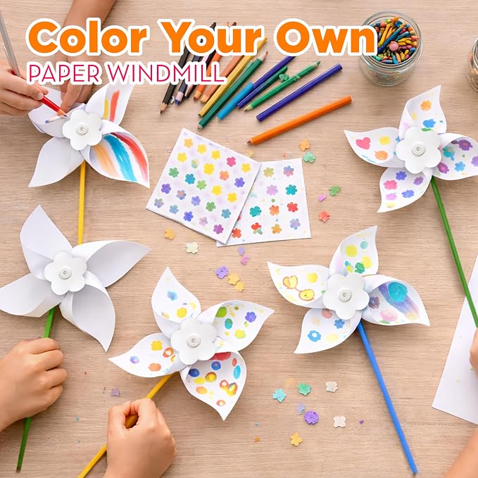 4E's Novelty DIY Pinwheels Craft for Kids (48 Pack) Color Your Own White Pinwheels, Bulk Summer Spring Craft Kit for Boys & Girls, Arts and Craft Party Activity, Church Easter Crafts