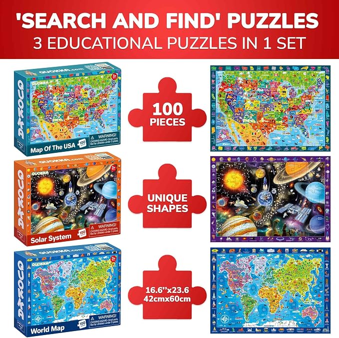100 Piece Puzzles for Kids Ages 6-8 - 3 Jigsaw Kids Puzzles Ages 4-6 | Learning United States, World Map, Space - Toddlers Puzzles for Ages 5-8 - Kids Puzzles Ages 8-10-12 Year Old Educational