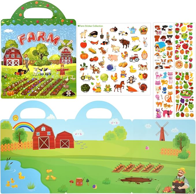 ASTARON Reusable Puffy Sticker Book，88 pcs Farm Stickers Educational Toy | 88 pcs Reusable Sticker,Waterproof Jelly Stickers, Portable Travel Toys,Educational Sensory Learning Toy,Gift for Boy Girl
