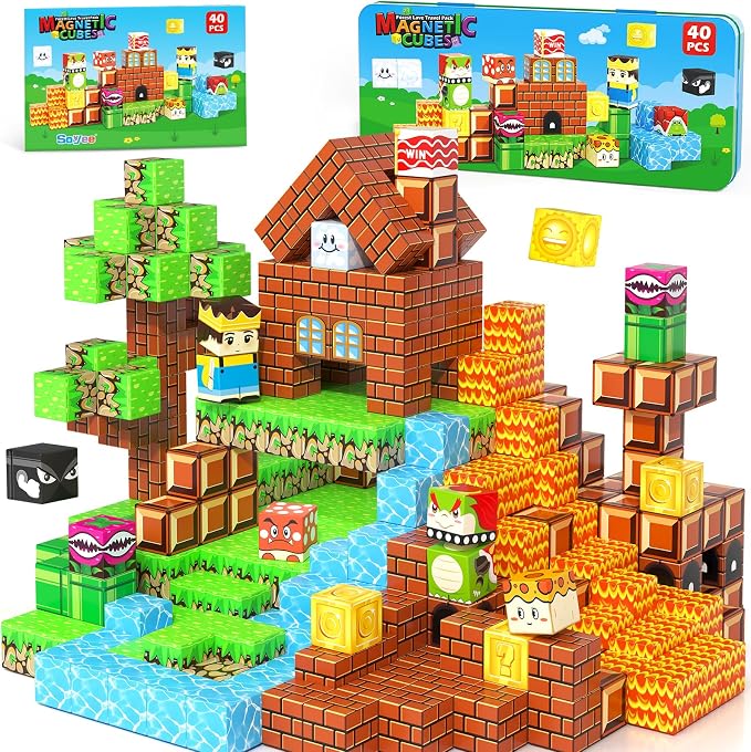 Soyee Magnetic Blocks Travel Toys with Portable Metal Tin - STEM Magnet Building Blocks Toddler Kids Toys for 3 4 5 6 7 8 Year Old Boys & Girls Xmas Birthday Gifts Stocking Stuffers Party Favor
