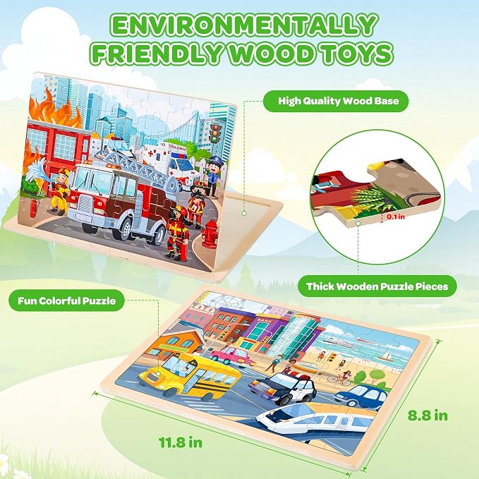 6 Themed Wooden Jigsaw Puzzles for Kids Ages 3-5, 60 Pieces Each | 6 x 60 Piece Puzzles 6-8, Ocean, Construction, Recycling, City, Solar Farm, Fire Rescue, Kids Boys Girls Birthday Gifts