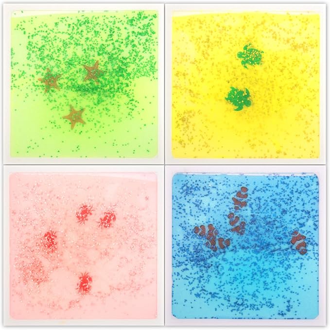 LONGKING 4-Sheet Liquid Square Sensory Tiles, Animal Pattern, Colorful Floor Tile for Play Centers, Playroom, Lava Tiles, 11.8"x11.8" | Sensory floor tiles, soft liquid gel, 11.8"x11.8", color movement play mat, playroom classroom daycare, 4-sheet