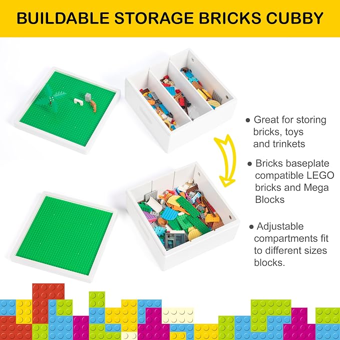 UTEX Buildable Cubby Storage with Baseplate Lid Compatible with Lego | Wooden Building Blocks Organizer, 3 Removable Sorting Compartments, Compact & Portable, Bricks Storage Box, White