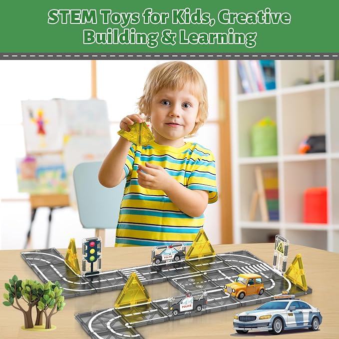 AFUNX Magnetic Tiles Road Set, STEM Building Blocks for Kids 3+ | Magnetic Road Tiles with Police Cars, Traffic Signs And Lights, STEM Building , Compatible with Other Tiles, Gift for Kids