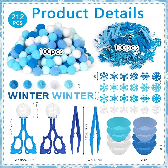 212 Pcs Winter Sensory Bin Items Hello Winter Snowflake Counting Sorting Sensory Bin Filler Fine Motor Toys Snowflake Counts Winter Xmas Counting Toys for Preschool Education Activities