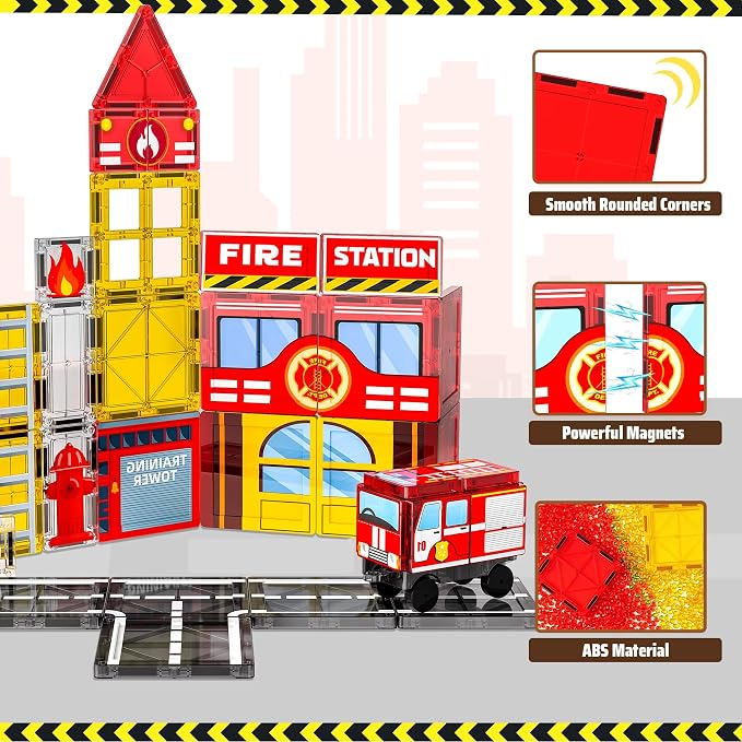 SKTMYY Fire Station Magnetic Tiles Building Toys for Kids Ages 4-8 | Fire Truck, Firemen, Firefighter, Road Magnet Tiles, STEM Magnetic Blocks, 3+ Year Old Boys Gifts, Montessori Preschool