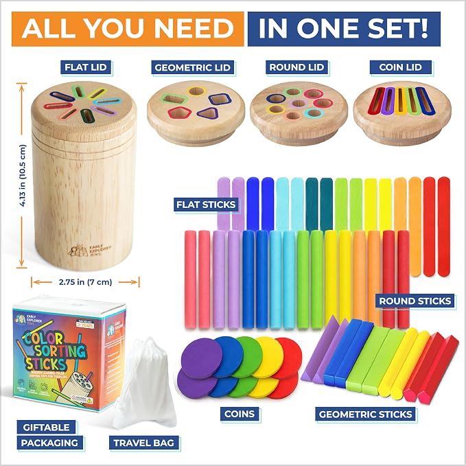 Toddler Montessori Toys, Wooden Color Sorting, Fine Motor Toys for Toddlers | 4 Interchangeable Lids, Stays Locked When Turned, Travel-friendly, Independent Play, Motor Skills Through Play