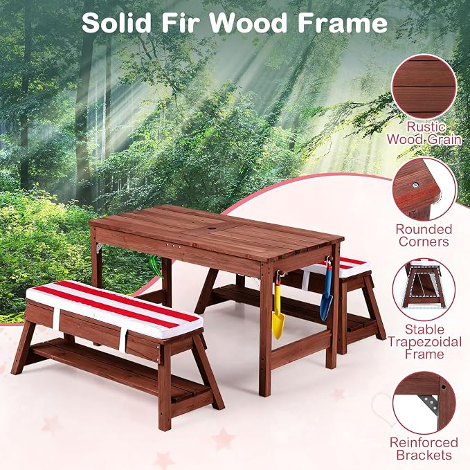 Costzon 4-in-1 Kids Picnic Table with Umbrella, Sand & Water Sensory Bins | Wooden Toddler Outdoor Table with Benches, Cushions, Cover, Gardening Tools, Kids Outdoor Furniture for Patio Backyard