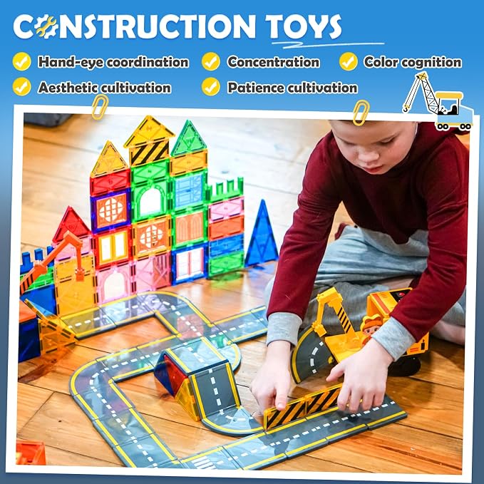 Soyee 102 PCS Magnetic Tiles with 2 Cars & 2 Cranes | Magnet Construction Building Kids Toys for Creative Play and STEM Learning Boys Toys & Gifts for 3-12