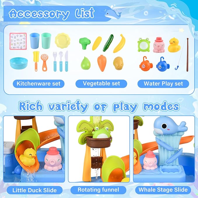 Upgraded 4-in-1 Sand Water Table for Toddlers 1-3, Kids Sensory Table with Electric Water Pump & Cloud Faucet, Play Kitchen Sink with Food Accessories, Fishing Toy ‒ Adjustable Height (Blue)