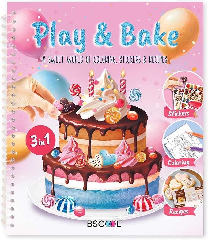 BSCOOL Baking Coloring Book with Stickers Recipes and Cake Design | Activity and dress-up keep kids ages 5 and up. Includes drawing guides, baking recipes, and fun sticker sheets for girls.