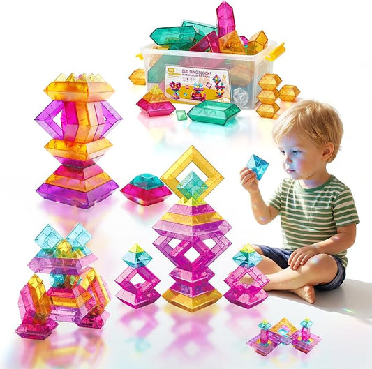 Building Blocks Set for Toddlers 2-5,40Pcs 3D Transparent Blocks Toys,DIY Pyramid Stacking Toy for Toddlers 2 3 4,STEM Preschool Learning Blocks for Kids,Sensory Gifts for Age of 1-3 2-4 Boys&Girls
