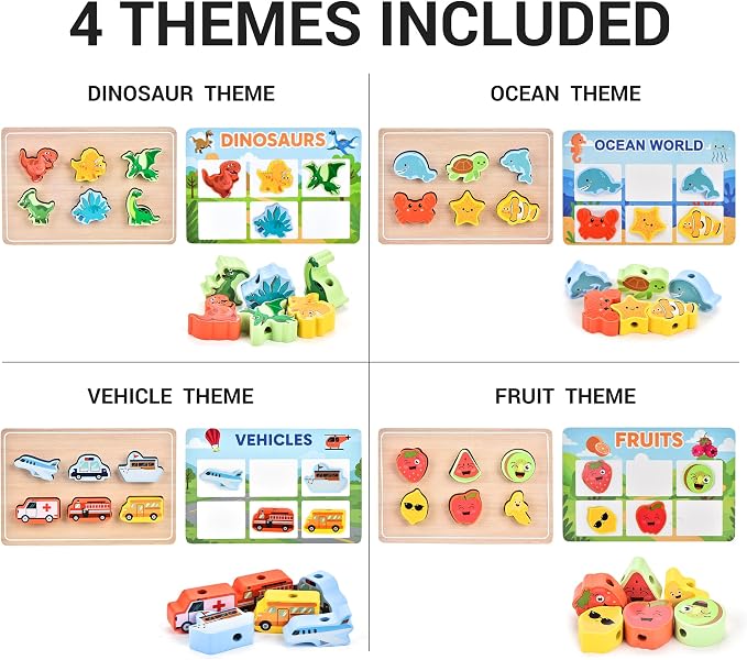 Montessori Wooden Toys for Toddlers 2 3 4: 3-in-1 Theme Sorting, Shape Matching & Color Learning Set - Dinosaur Ocean Vehicle Fruit Chunky Boards - Fine Motor Skills Speech Therapy Gifts