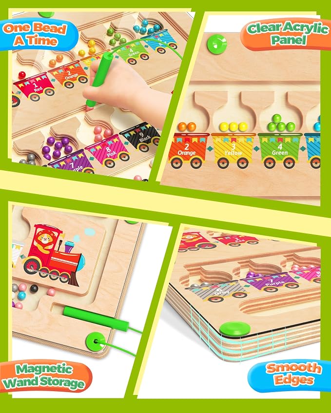 Magnetic Color and Number Maze, Montessori Toys for 2 3 4 Year Old- Train | Birthday Gifts for Girls Boys, Wooden Color Matching Puzzle Board, Preschool Learning Activities, Travel Toys for Ages 2-4
