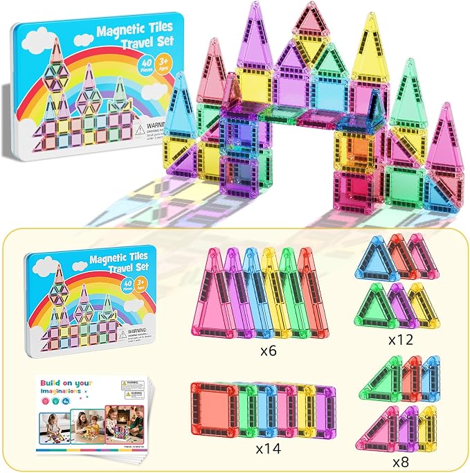 Magnetic Tiles for Kids 60 Mins Quiet Play at Church Restaurant | 40 PCS Pocket Magnet Building Blocks in Tin Box to Stop Crying- Boys Girls Age 3-8