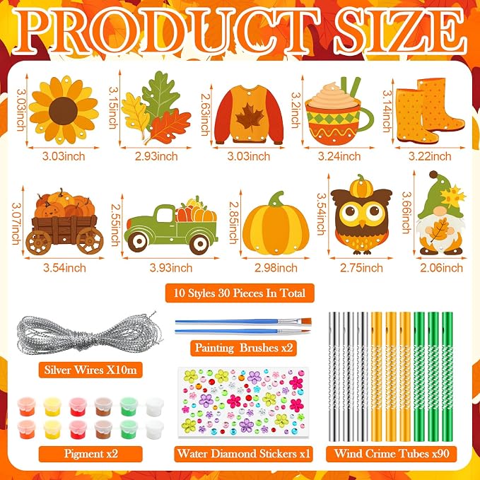 JellyArch 30 Pack Wind Chime Craft Kit Fall Harvest Wooden DIY for Adults | 10 Designs with Bells Paints, Bulk Party Favors Kids, Ocean Summer Crafts, Birthday Decoration Maple Leaf Ornaments